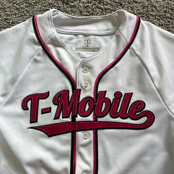 T-Mobile Baseball Jersey Button Up Employee White Pink Stitched Size Large - Picture 2 of 8